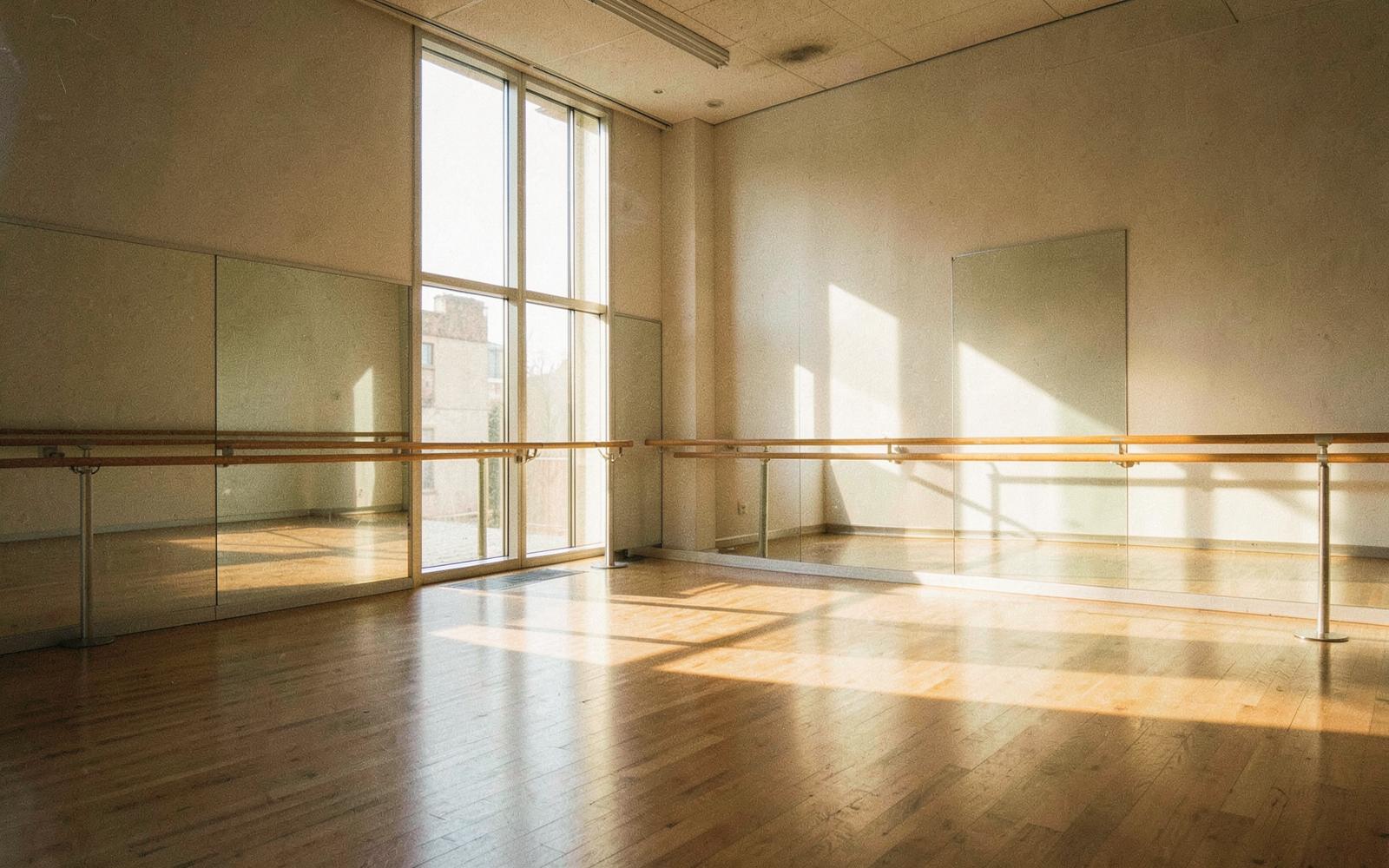 Sala di danza di VYRA con parquet, barra e specchi